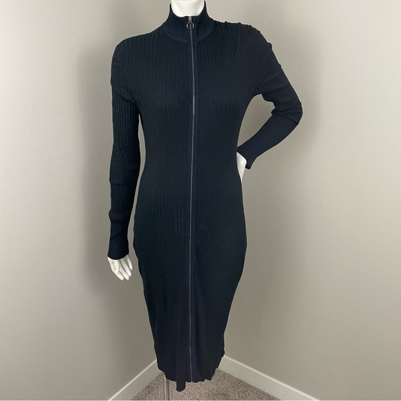 DKNY JEANS Black Ribbed Zip Up Fitted Mock Neck Midi Sweater Dress - Picture 1 of 9